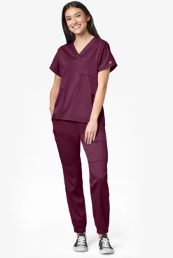 WonderWink PRO Women's 8-Pocket STRETCH Elastic Waist Cargo Jogger Scrub Pants - Petite -Uniform Store W5719 WINE 3 S