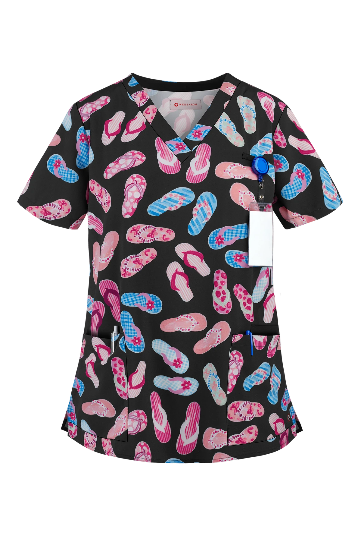White Cross Sarasota Sandals Women's 3-Pocket V-Neck Print Scrub Top 1 White Cross Sarasota Sandals Women's 3-Pocket V-Neck Print Scrub Top