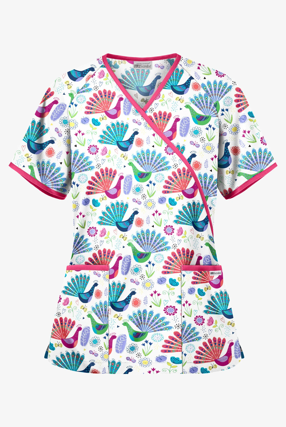 UA Fabulous Peacocks White Printed Women's 2-Pocket Mock Wrap Scrub Top 1 UA Fabulous Peacocks White Printed Women's 2-Pocket Mock Wrap Scrub Top