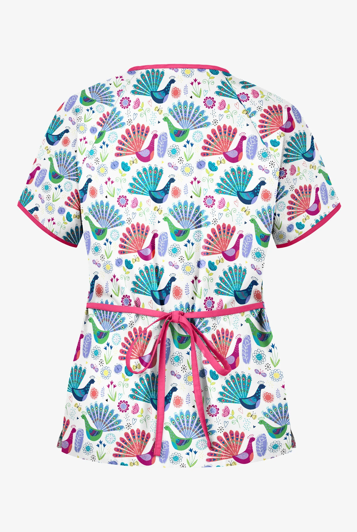 UA Fabulous Peacocks White Printed Women's 2-Pocket Mock Wrap Scrub Top 2 UA Fabulous Peacocks White Printed Women's 2-Pocket Mock Wrap Scrub Top - Image 2