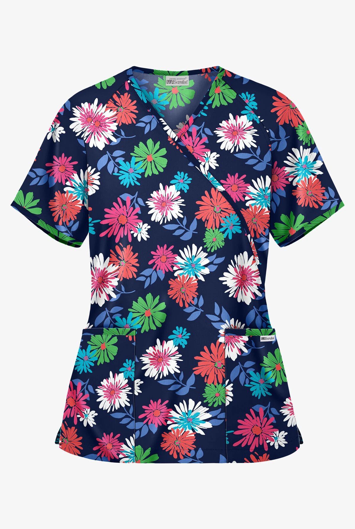 UA Floral Beauty Navy Women's 2-Pocket Mock Wrap Print Scrub Top 1 UA Floral Beauty Navy Women's 2-Pocket Mock Wrap Print Scrub Top