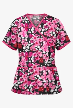 UA River Floral Black Printed Women's 2-Pocket Mock Wrap Scrub Top
